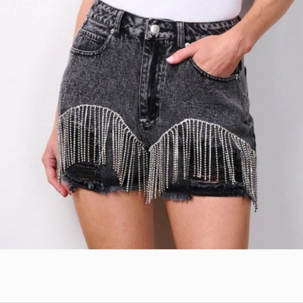 Chic Black Jean Shorts with Fringe Accents